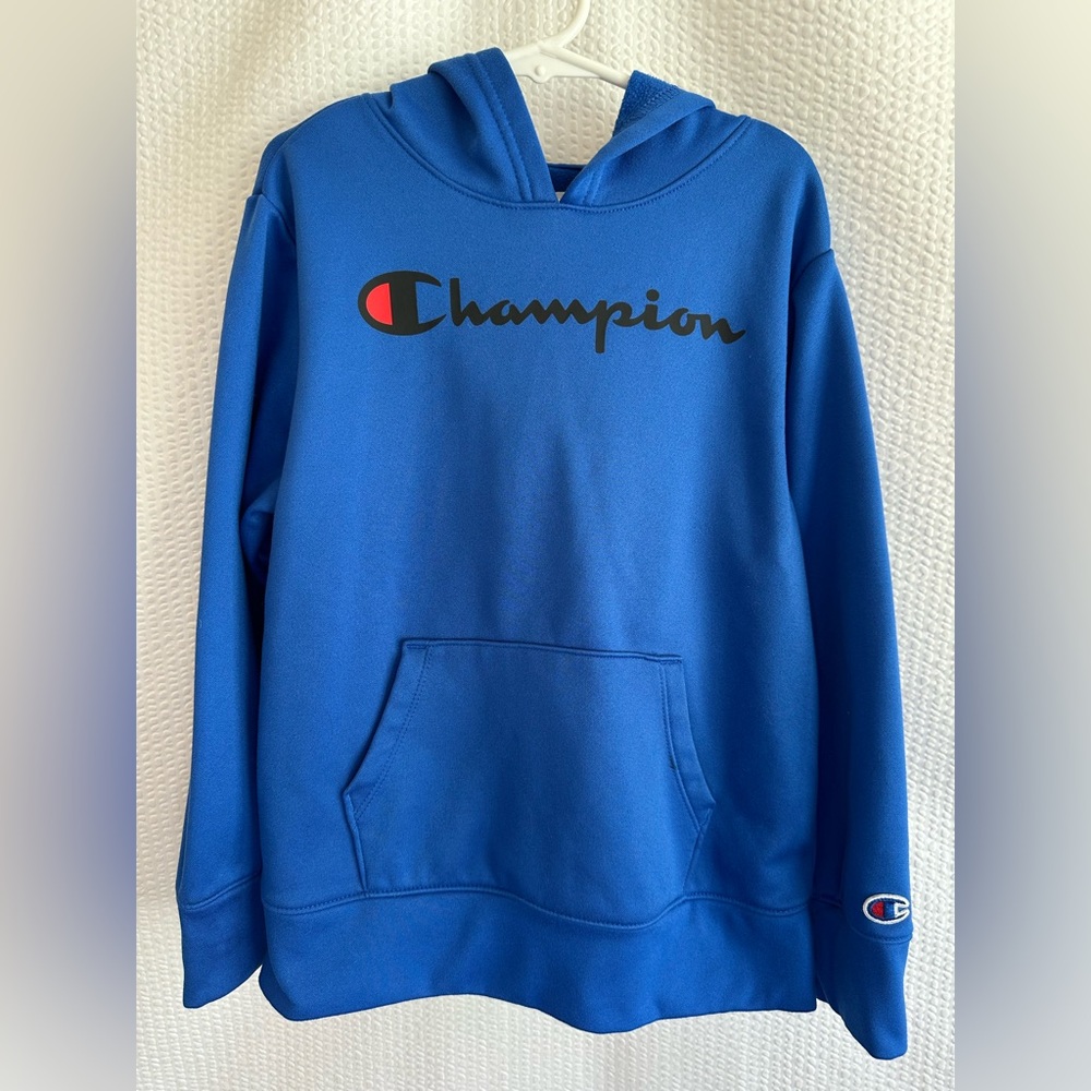 Champion Blue Fleece Pullover Hoodie Sweatshirt Boys Size 7/8 Small Pocket